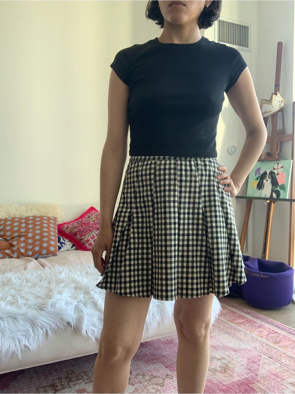 Anthropologie Black & White Gingham Flared Mini Skirt